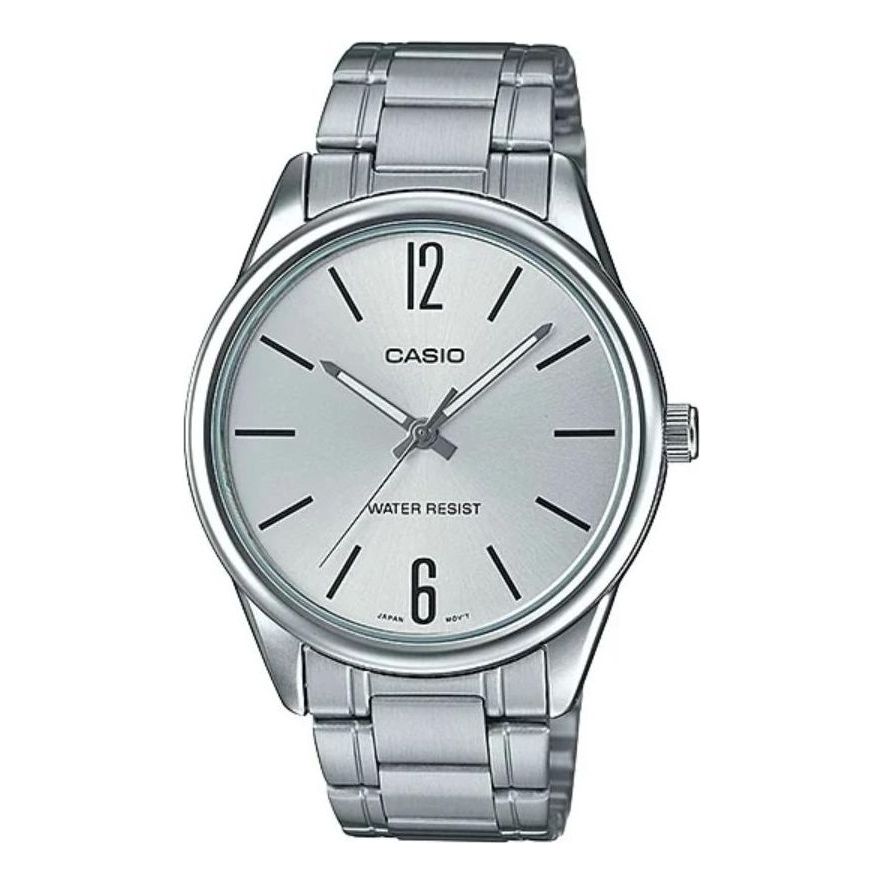 Men's CASIO Minimalistic Large Steel Strip Waterproof Quartz Watch Silver Stainless Steel Strap Mens MTP-V005D-7B