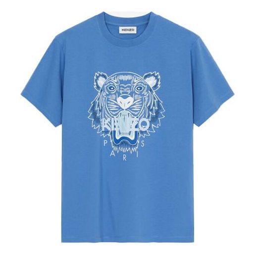 Men's KENZO FW21 Printing Tiger Head Round Neck Short Sleeve Blue T-Shirt FB65TS0204YA-72