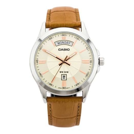 CASIO Sportses Business es Creamy/Brown Quartz Waterproof Unisex Mens Gold Analog MTP-1381L-9AVDF