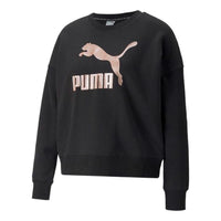 (WMNS) PUMA Large Logo Printing Round Neck Pullover Hoodie Black 535276-01