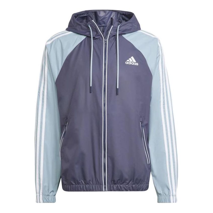 Men's adidas BSC Classic Splicing Design Drawstring Zipper Hooded Jacket Blue H65777