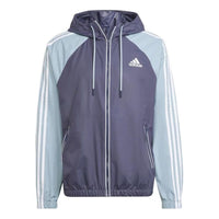 Men's adidas BSC Classic Splicing Design Drawstring Zipper Hooded Jacket Blue H65777