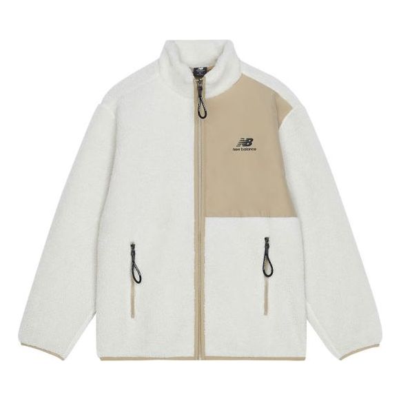 New Balance Contrasting Colors Knit Suede Sports Stand Collar Logo Lamb's Wool Jacket Autumn Creamy White AMJ13346-MSU