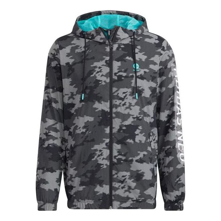 Men's adidas neo Camouflage Alphabet Stripe Woven Athleisure Casual Sports Hooded Jacket Black HC9707