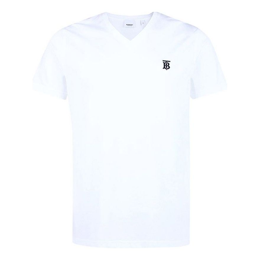 Men's Burberry Logo Embroidered Pattern V neck Cotton Short Sleeve White 80172581