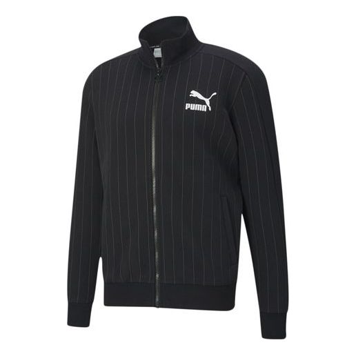 PUMA Pinstripe Track Top Stripe Fleece Lined Stand Collar Zipper Jacket Black 530177-01