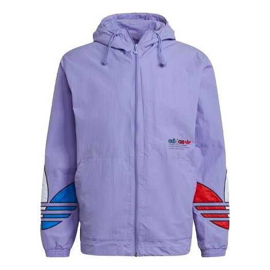 adidas originals MENS Tricol Logo Printed Windbreaker Hoodie Jacket Purple GN3560