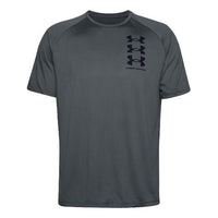 Men's Under Armour Tech Triple Logo Printing Sports Round Neck Short Sleeve Gray 1361504-012