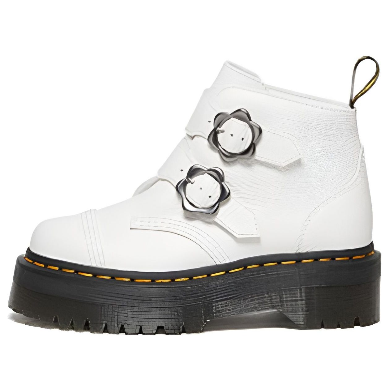 (WMNS) Dr.Martens Devon Flower Buckle Leather Platform Boots 'White Black' 27642100