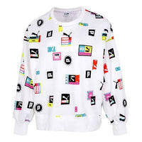 (WMNS) PUMA Full Print Logo Loose Round Neck Pullover Hoodie White 535348-02