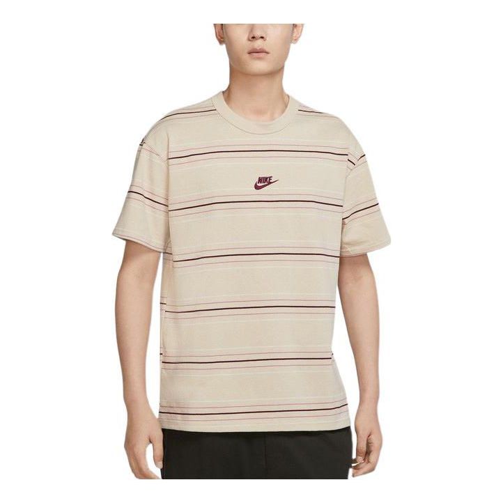 Men's Nike Logo Embroidered Stripe Round Neck Short Sleeve Beige T-Shirt DQ1117-206