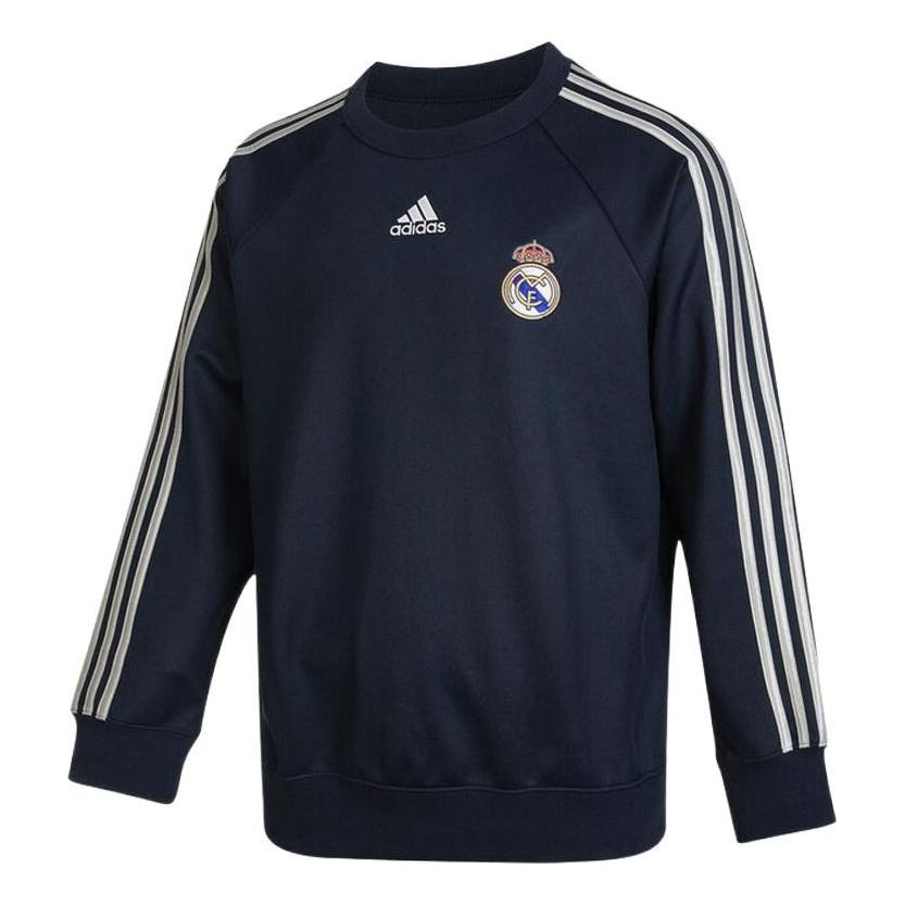 Men's adidas Stripe Logo Pattern Embroidered Round Neck Pullover Autumn Blue HA2531