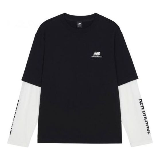 New Balance Contrast Color Stitching Knit Round Neck Long Sleeves Black T-Shirt AMT13370-BK
