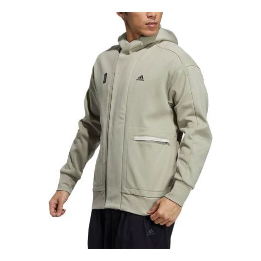 Men's adidas Logo Printing Big Pocket Sports Hooded Jacket Leather Gray H39301