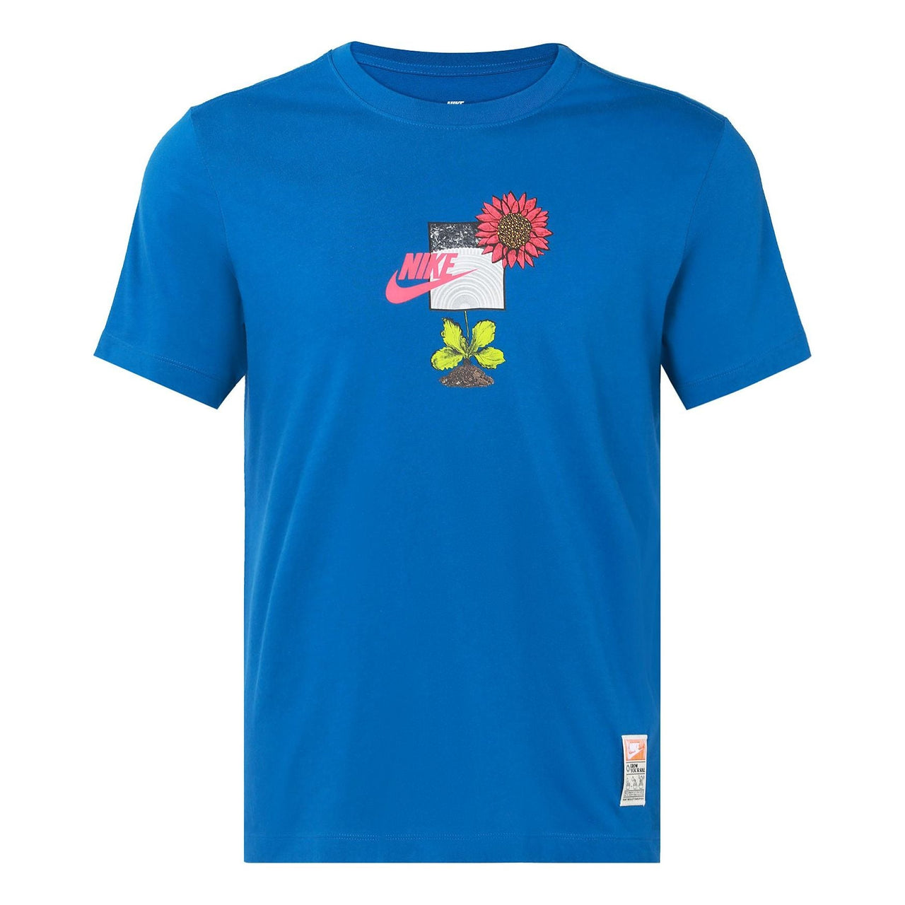 Men's Nike Logo Plant Flowers Pattern Printing Round Neck Casual Short Sleeve Sky Blue T-Shirt DQ1034-407
