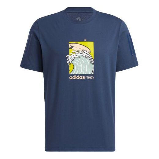 Men's adidas neo Pattern Cartoon Printing Sports Round Neck Short Sleeve Navy Blue T-Shirt GS2580