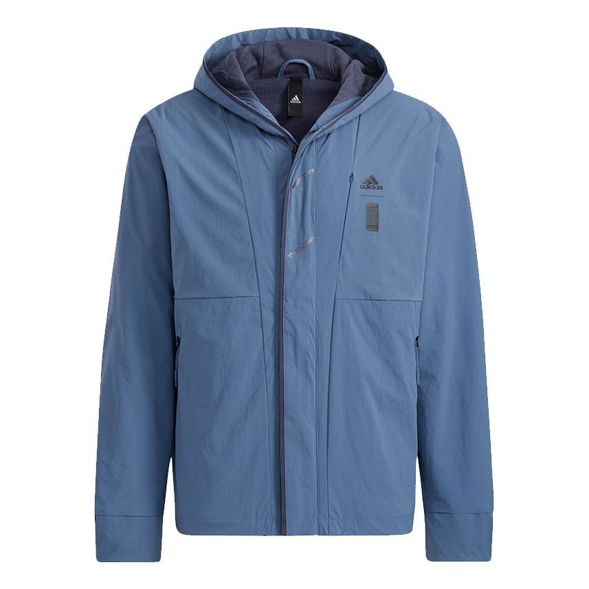 Men's adidas Wj Wv Jkt Martial Arts Series Logo Hooded Fleece Lined Sports Jacket Sky Blue HE5118