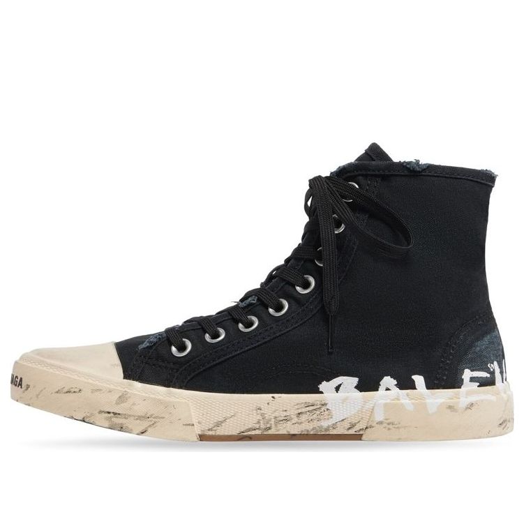 Balenciaga Paris High Top Sneakers 'Black Destroyed Cotton and White Rubber with Graffiti' 688752W3RR41099