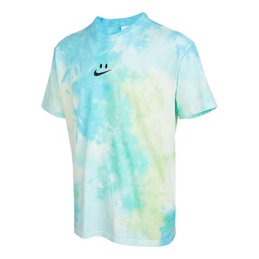 Men's Nike Sportswear Tie Dye Smiling Face Printing Loose Short Sleeve Light Mint Green T-Shirt DX7849-369