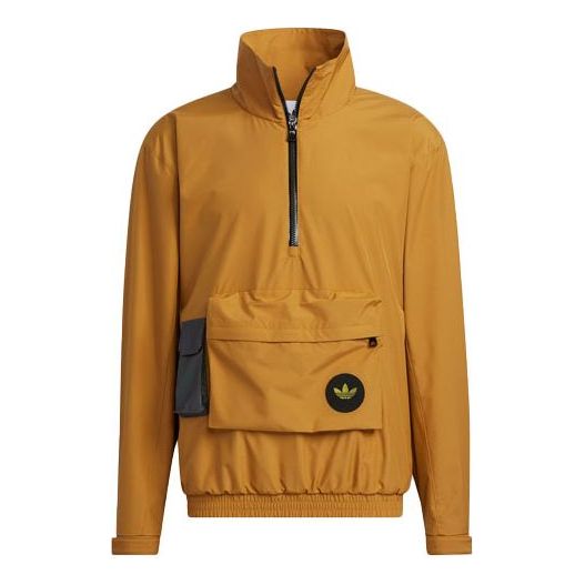 Men's adidas originals 3D Pocket Logo Outdoor Cardigan Woven Stand Collar Jacket Brown H58066