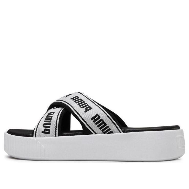 (WMNS) PUMA Platform Slide Tape Slippers For Black/White 380677-01