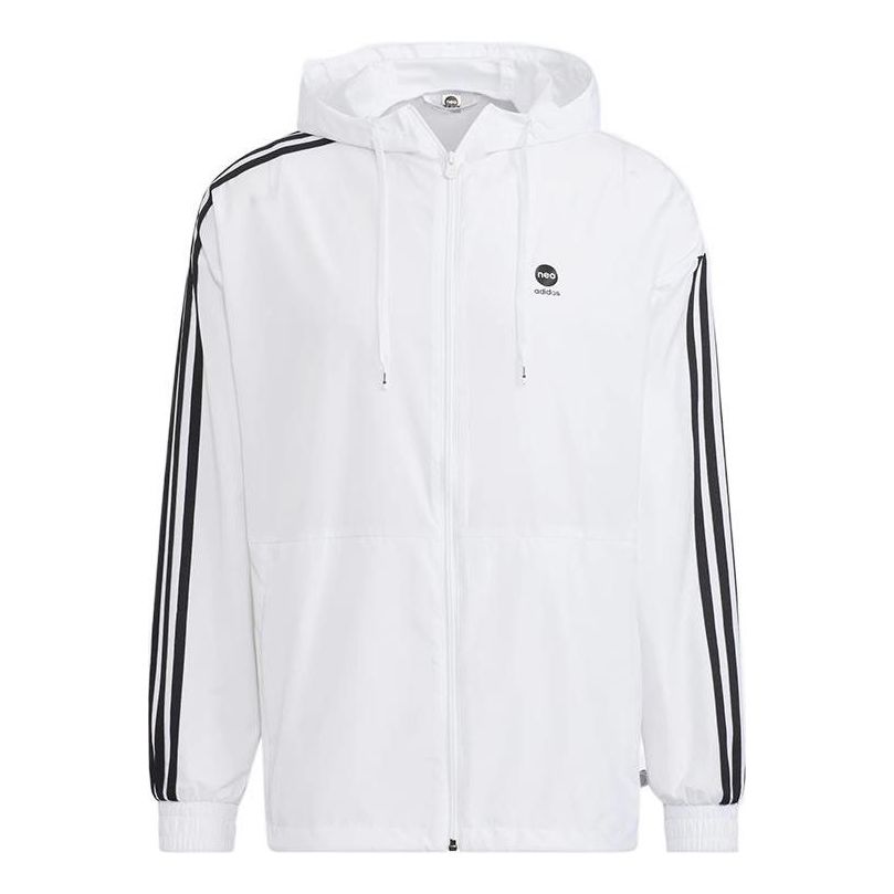 Men's adidas neo Stripe Logo Zipper Hooded Jacket White HN8788