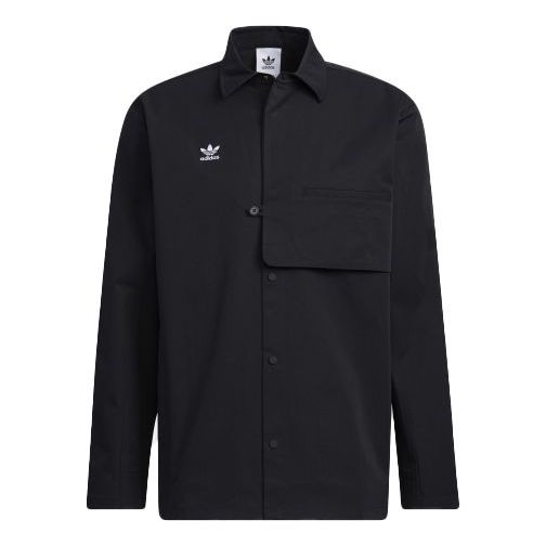 Men's adidas originals CNY Limited Solid Color Buckle Lapel Long Sleeves Black Shirt HC0561