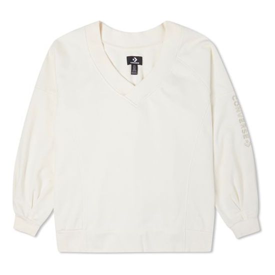 (WMNS) Converse Solid Color Loose Knit V Neck White Hoodie 10022959-A02