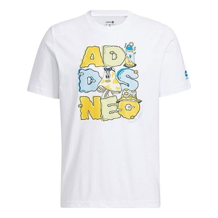Men's adidas neo Alphabet Cartoon Printing Round Neck Casual Short Sleeve White T-Shirt HS6806
