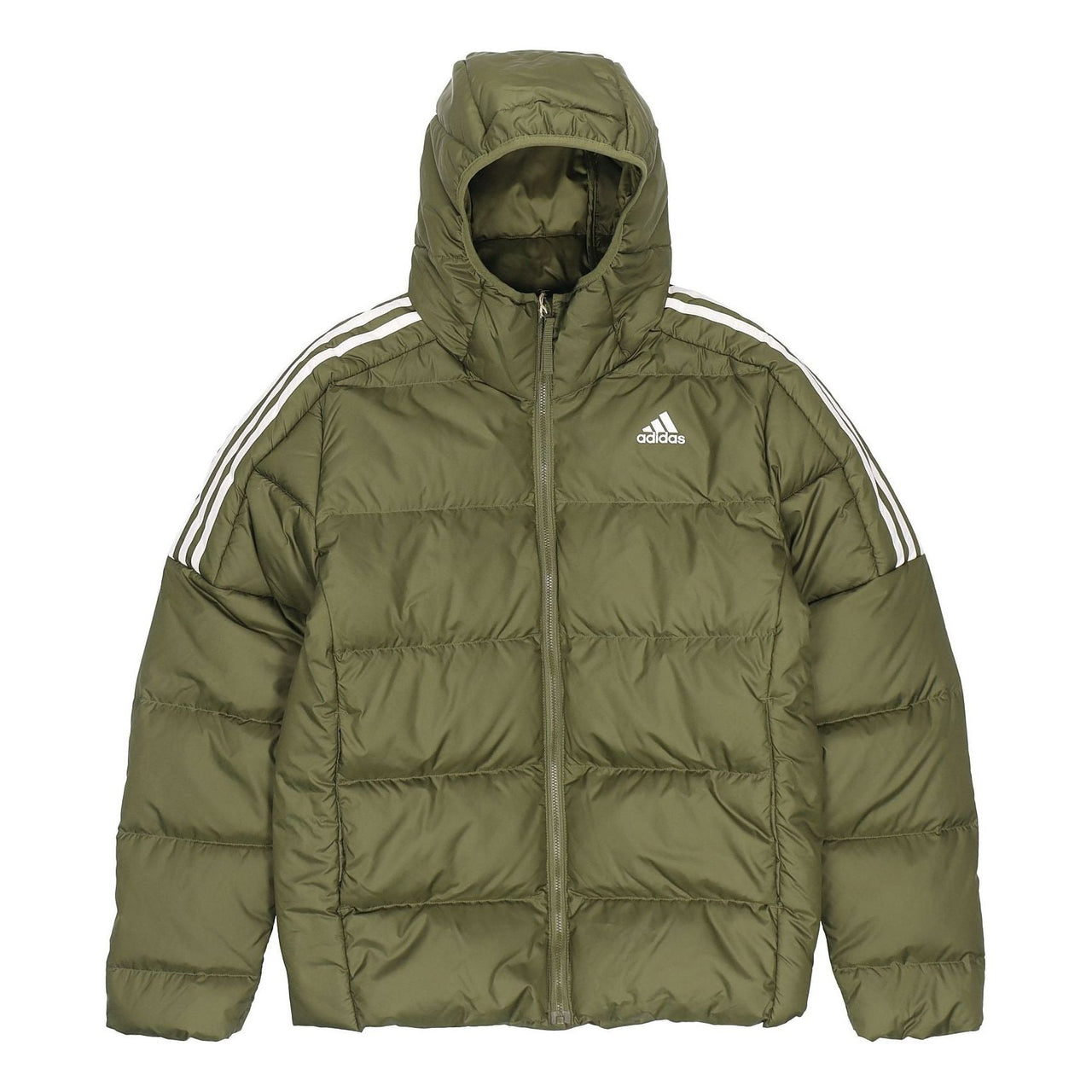 Men's adidas Ess Mid D H Jkt Stay Warm Sports Hooded Down Jacket Olive GT9138