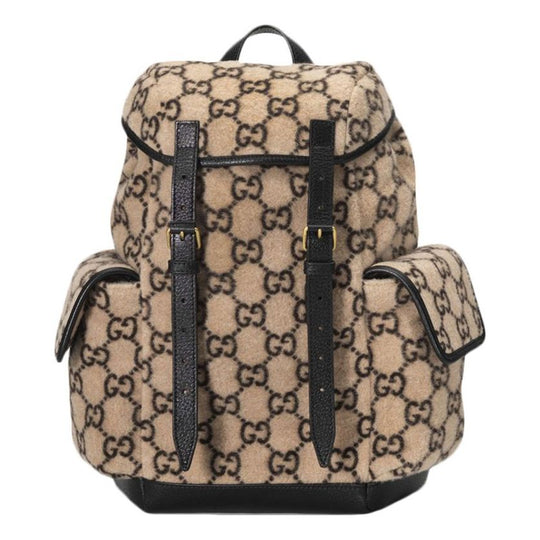 (WMNS) Gucci Logo Wool Splicing Leather Large Capacity schoolbag Backpack Unisex / Beige / Black 598184-G38GT-9769