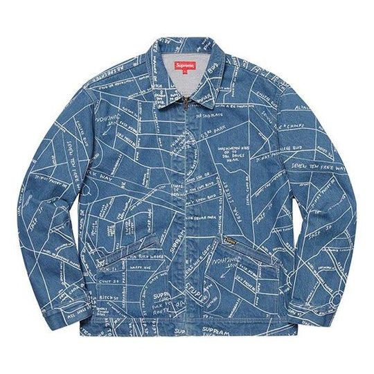 Supreme SS19 Gonz Map Work Jacket Pattern Zipper Unisex Blue SUP-SS19-10190