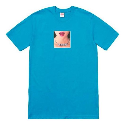 Supreme SS18 Necklace Tee Cyan Printing Short Sleeve Unisex Lake Blue SneakerSouqq