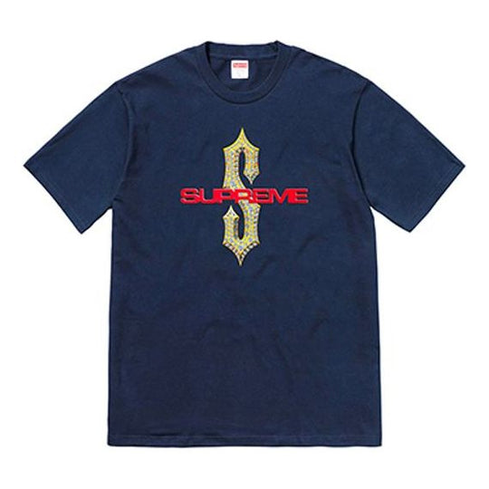 Supreme SS18 Diamonds Tee Navy Diamond Printing Short Sleeve Unisex Navy Blue SUP-SS18-0104