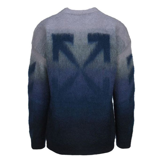 Men's Off-White Gradient Effect Round Neck Long Sleeves Wool Sweater Loose Fit Blue OMHE098F21KNI0014545