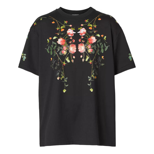 Burberry Rose Printing Cotton Loose Short Sleeve Black 80372951