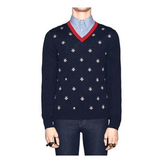 Gucci Bee Print V-Neck Sweater For Men Navy 431749-X1311-4696