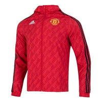 Men's adidas Solid Color Stand Collar Zipper Manchester United Soccer/Football Logo Sports Hooded Jacket Red HE6649