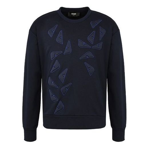 Men's FENDI Eye Logo Embroidered Long Sleeves Round Neck Pullover Dark Blue FAF535AAXVF0V6W