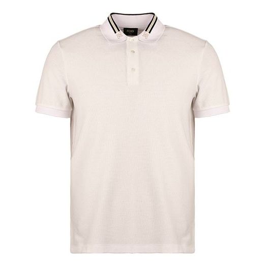 Men's FENDI Stripe Embroidered Loose Casual Short Sleeve Polo Shirt White FAF572AAYDF0QA0