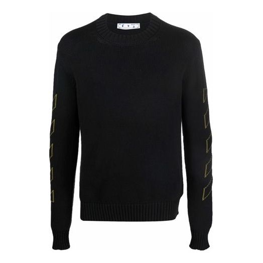 Men's Off-White FW21 Intarsia Pattern Long Sleeves Pullover Wool Sweater Black OMHE087F21KNI0011055