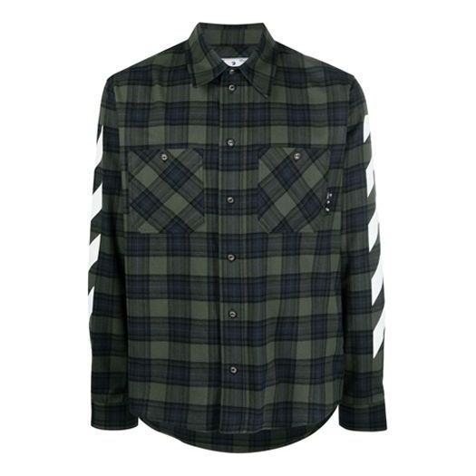 Off-White SS21 Stripe Printing Plaid flannel Long Sleeves Shirt Green OMGA133S21FAB0015701