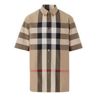 Men's Burberry Plaid Cotton Short Sleeve Shirt Beige 80428361