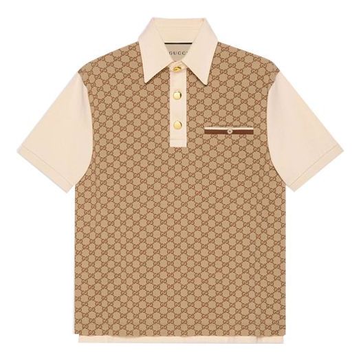 Men's Gucci FW21 Jacquard Knit Cotton Short Sleeve Khaki Polo Shirt 655435-XJDGE-2270