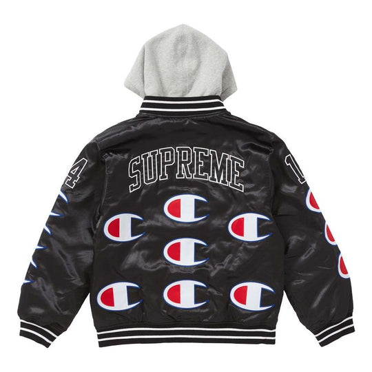 Supreme FW18 Champion Hooded Satin Varsity Jacket Black SUP-FW18-553