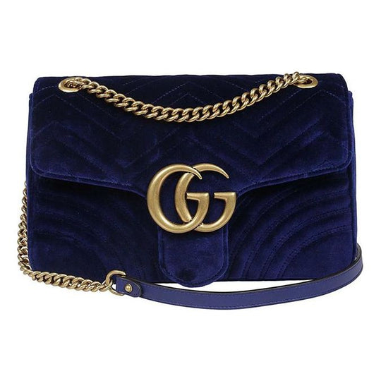 Gucci GG Marmont Gold Label Logo Distress Velvet Chain Shoulder Messenger Bag Navy Blue 443496-K4D2T-4511