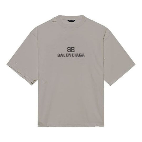 Men's Balenciaga Mosaic Logo BB Alphabet Loose Hole Distress Short Sleeve Gray 651795TKVF58174