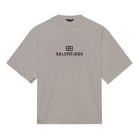 Men's Balenciaga Mosaic Logo BB Alphabet Loose Hole Distress Short Sleeve Gray 651795TKVF58174