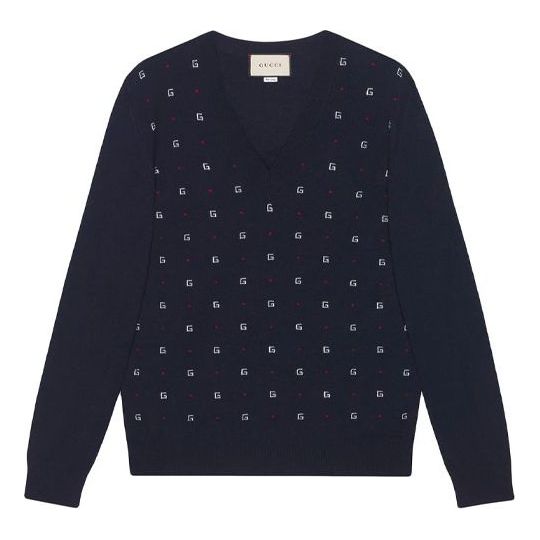 Gucci Jacquard-Motif V-Neck Jumper 'Navy' 545628XKABL