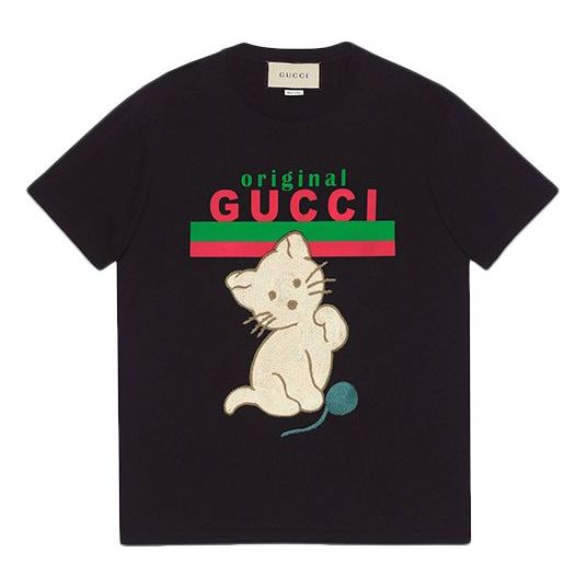 (WMNS) Gucci Cat Alphabet Cartoon Round Neck Pullover Short Sleeve Black 615044-XJCRG-1082